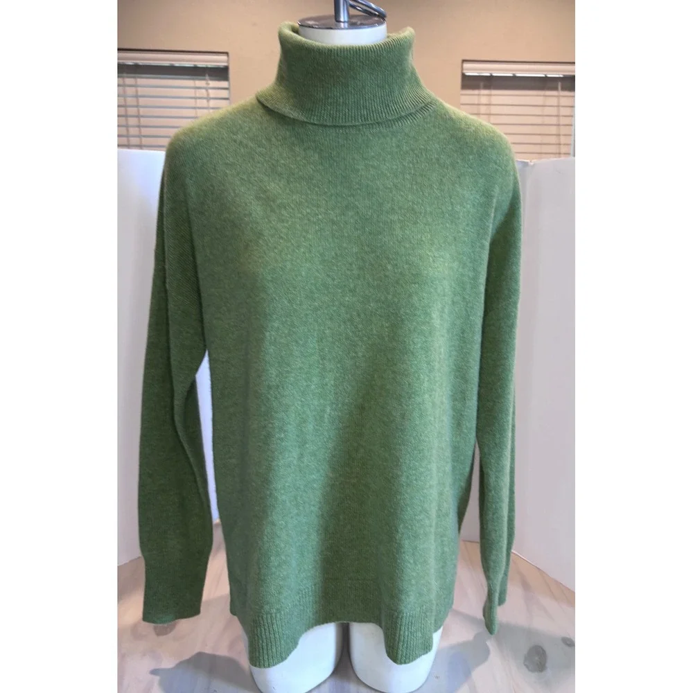 Nordstrom Womens 100% Cashmere Turtleneck Sweater Green Size L Side Slits Ribbed